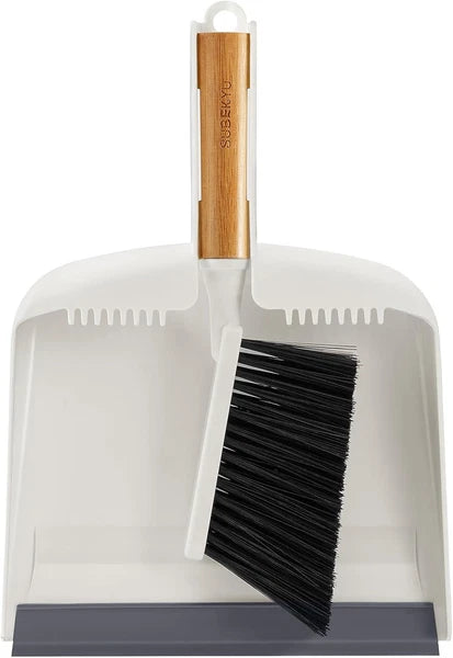 SUBEKYU Dustpan and Brush Set with Bamboo Handle, Hand Mini Broom White