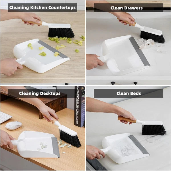 SUBEKYU Dustpan and Brush Set with Bamboo Handle, Hand Mini Broom White