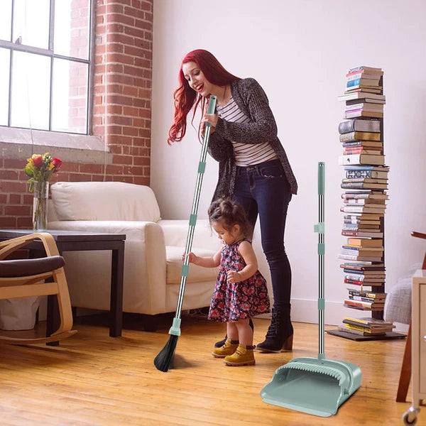 kelamayi Upgrade Broom and Dustpan Set, Large Size with Long Green