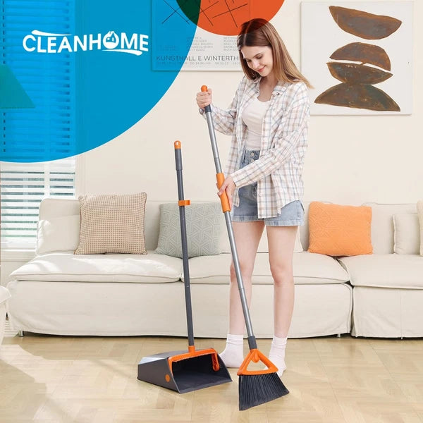 Commercial Broom and Dustpan Set with Long Handle, Outdoor Heavy Duty Gray